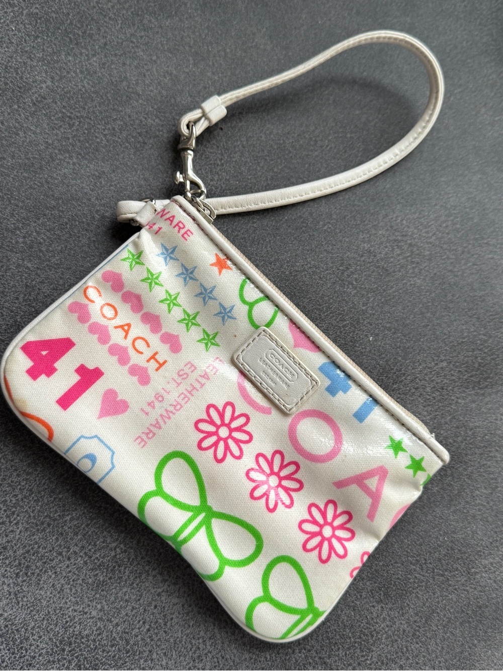 Coach Vintage Poppy White Multicolor Logo Print Wristlet